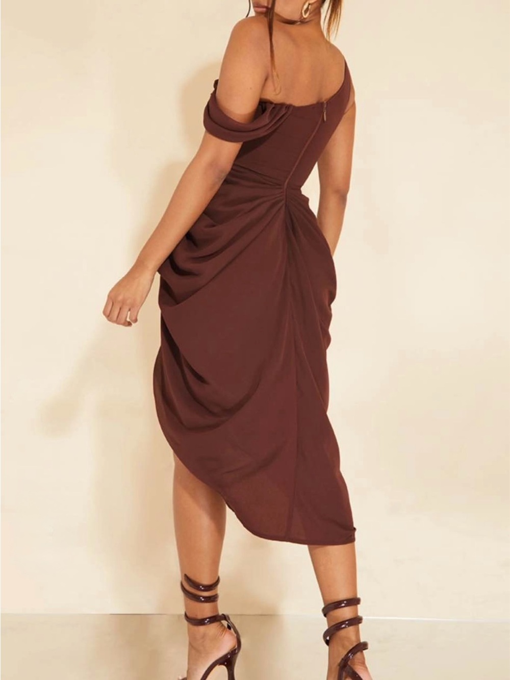 NWT PrettyLittleThing Chocolate Chiffon Draped Midi Dress 10 - Picture 2 of 10